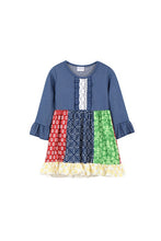 Load image into Gallery viewer, Blue Patchwork Dress with Ruffles - Ella’s Arrow