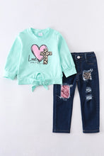 Load image into Gallery viewer, Kids Love Never Fails Mint Top and Jeans Set - Ella’s Arrow