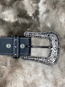 Black Leather Belt with Rhinestones