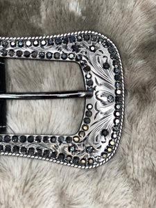 Black Leather Belt with Rhinestones